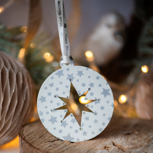 Antique White and Metallic Silver Crystal Star Baubles